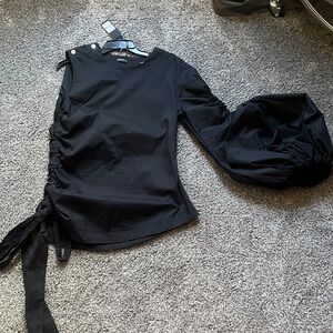 Black Ruched Long-Sleeve Top with Balloon Sleeve - Unknown Brand
